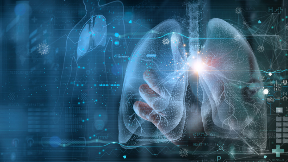 Illustration of a lung with digital thematic imagery in the background.